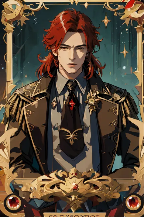 1 male solo, mature, handsome, tall muscular guy, broad shoulders, diluc (genshin impact), red hair, brown coat, brown pants, black tie with red crystal,, ((tarot card design)), golden frame, detailed, frames with gemstones, MTG card design