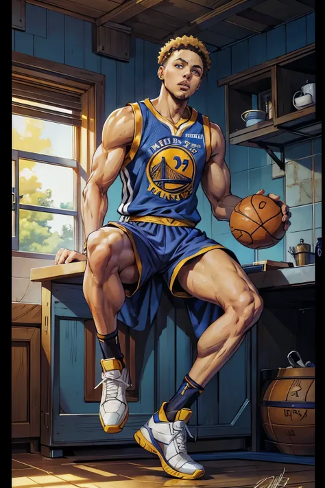 stephen curry, nba player, full body, anime style: masterpiece, best quality, 4k, anime rendition, stephen curry:1.2, nba star, ...