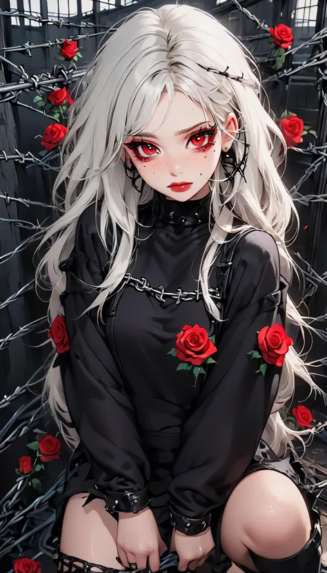 beautiful young white-haired girl with piercing red eyes, half smile with full lips, black nails, barbed wires everywhere(coiled...