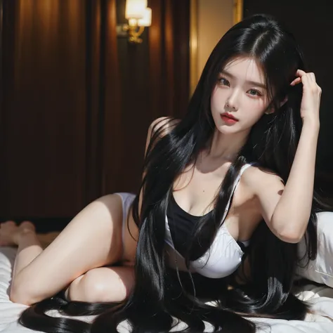 (Best image quality、highest quality、Highest Resolution、Ultra-realistic photos、Full body photo、）１People Girls、Very long black hair, about 10 meters long、Black hair longer than my height、Straight black hair、naked、She is lying down and spreading her long blac...