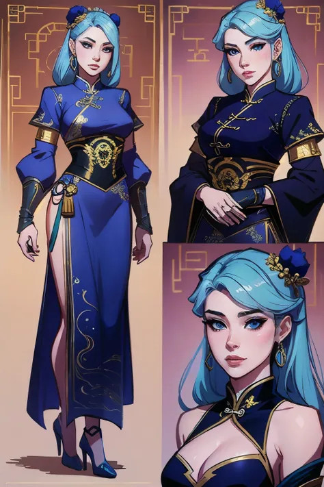 a close up of a short woman in her 30s, with blue eyes and ocean blue hair, wearing a blue and black gown dress, a chinese empress with blue eyes, female swordswoman, chinese princess, standing in a chinese temple, new costume concept design, in the style ...