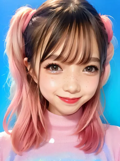 beautiful and cute naughty girl, very detailed, cotton candy curls, candy freckles, bright makeup, holographic transparent candy...