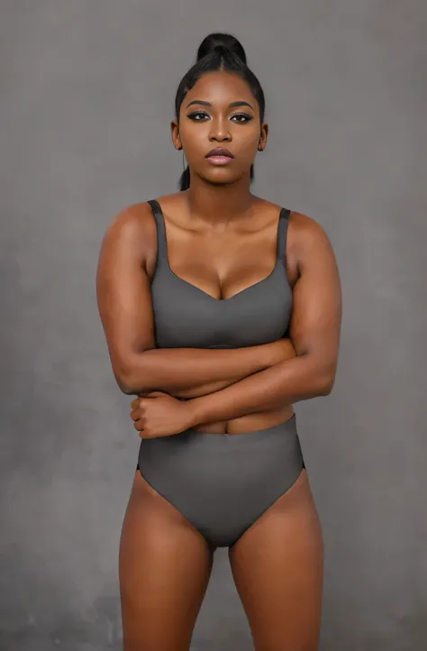 ((masterpiece, best quality)), ((27 year old)), (((Curvy))), (((Black woman with long black ponytail)), in Black sports bra, ((black high cut  panties)), dark makeup, Standing in front of a grey screen, (((photo realistic)))