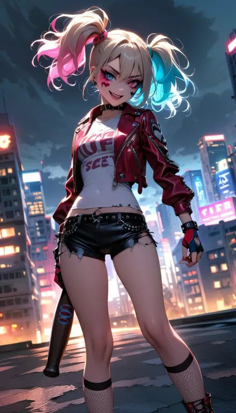 (medium：cartoon),Harley Quinn standing on the roof of a city building,Dark and dramatic atmosphere,focus blur,city skyline in background,Dark clouds gather overhead,Vibrant and contrasting colors,ominous lighting,Red and black embellishments,Eye makeup smu...