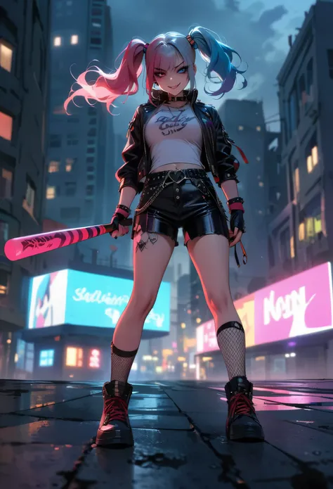 (masterpiece:1.3), (best movie quality:1.2), (medium：cartoon), (best quality),Harley Quinn standing on the roof of a city building,Dark and dramatic atmosphere,focus blur,city skyline in background,Dark clouds gather overhead,Vibrant and contrasting colors...