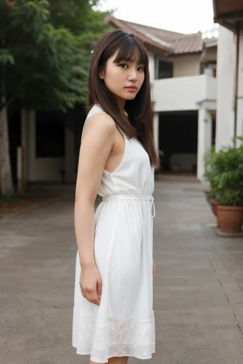 RAW photo, best quality, ultra high resolution, photorealistic asian woman, natural brown eyes, minutely detailed, normal skin, Hairstyle and bangs, long hair, full view, natural makeup, subtle makeup, beautiful dress, full body