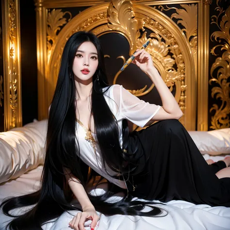 (masterpiece, highest quality), 1People Girls, alone(Best image quality、highest quality、Highest Resolution、Ultra-realistic photos、Full body photo、）１People Girls、Very long black hair, about 10 meters long、Black hair longer than my height、Straight black hair...