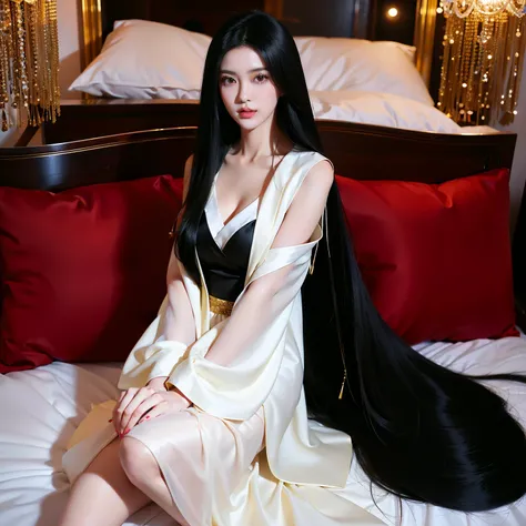 (Best image quality、highest quality、Highest Resolution、Ultra-realistic photos、Full body photo、）１People Girls、Very long black hair, about 10 meters long、Black hair longer than my height、Straight black hair、naked、She is lying down and spreading her long blac...