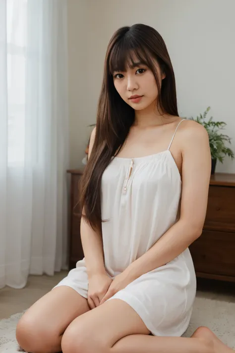 RAW photo, best quality, ultra high resolution, photorealistic asian woman, natural brown eyes, minutely detailed, normal skin, Hairstyle and bangs, long hair, full view, natural makeup, subtle makeup, home, nightdress, full body