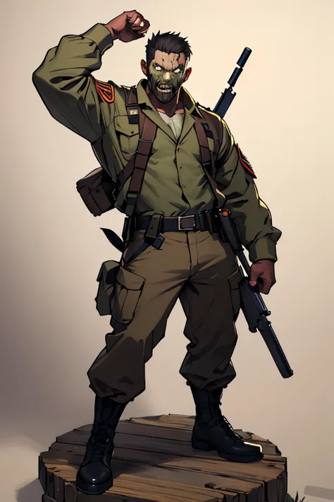 create a drawing for a game, the features are a zombie of an American soldier from the Second World War in a pose that shows his entire body