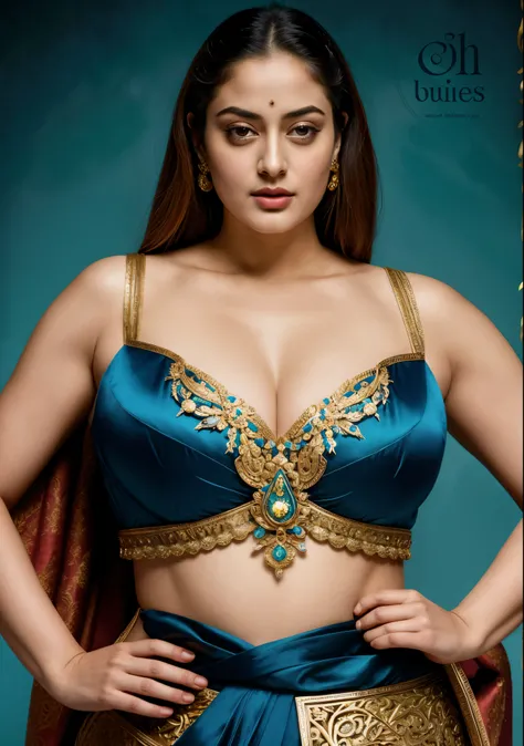 Looks like Sandeepa Dhar, "Design an illustration of a stunning and powerful warrior queen with a regal presence. She should possess a combination of strength and grace. Imagine her in ornate, yet practical armor that complements her figure. The armor shou...