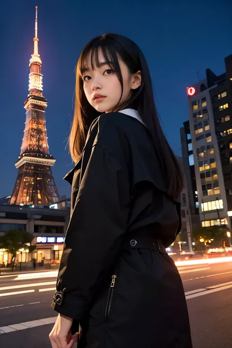 ((best quality)), ((masterpiece)), (detailed), perfect face ,Japanese girl in the streets of tokyo beaityfull buildings, Night view, Tokyo Tower must be seen in the background.