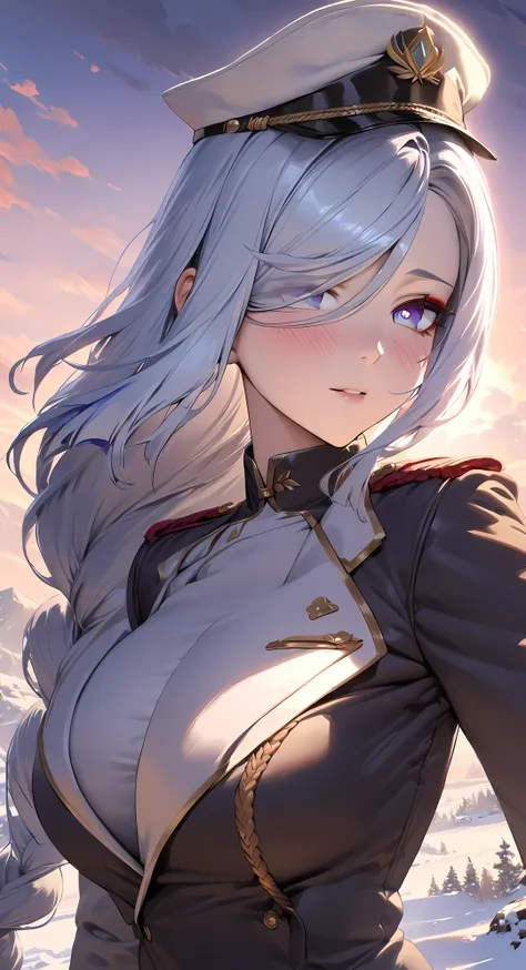 shenhe, upper body, seductive look, blush, outdoors, snowflake scenery, looking at viewer, cloudy, moody lighting, (perfect detail eyes:1.2), glowing eyes, (long hair one braid:1.2), elemental skill effect, (Masterpiece, Best Quality, High Quality:1.4), pr...