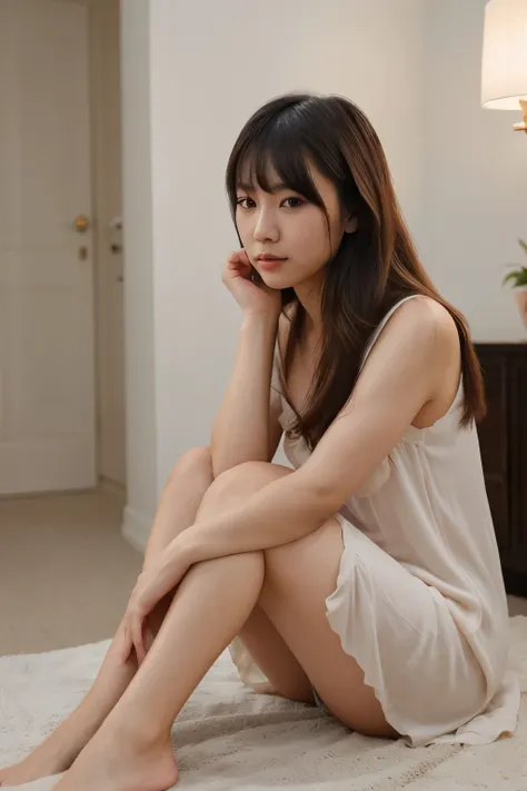 RAW photo, best quality, ultra high resolution, photorealistic asian woman, natural brown eyes, minutely detailed, normal skin, Hairstyle and bangs, long hair, full view, natural makeup, subtle makeup, home, nightdress, full body