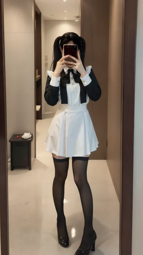 There is a woman taking a selfie in the mirror., Ultra-high resolution，8k resolution，Real image，She has a double ponytail，JK Uniform, Girl in uniform, Wearing the RR Diner uniform, coveralls, Kantai Collection Style, The black and white uniform colors matc...