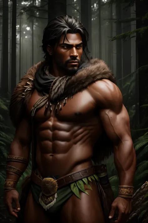 A realistic depiction of an indigenous hunter with dark skin, dressed in traditional attire, his muscular build showcased through a loincloth and intricately painted body paint. His piercing eyes, full of determination and focus, are set against the backdr...