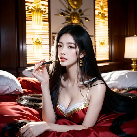 (Best image quality、highest quality、Highest Resolution、Ultra-realistic photos、Full body photo、）１People Girls、Very long black hair, about 10 meters long、Black hair longer than my height、Straight black hair、naked、She is lying down and spreading her long blac...