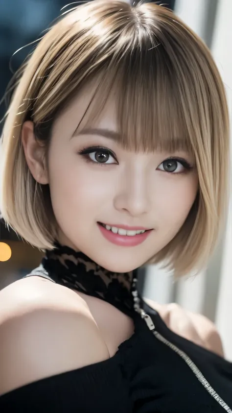 ((big breasts))、Upper body photo、Take close-up photos of your face、Fair skin、Great light、Beautiful lighting、((Platinum Blonde Hair:1.2))、((short hair:1.4))、((Straight hair))、Blunt bangs、Detailed embroidery、Black dress、Off-the-shoulder jacket、Gorgeous Acces...