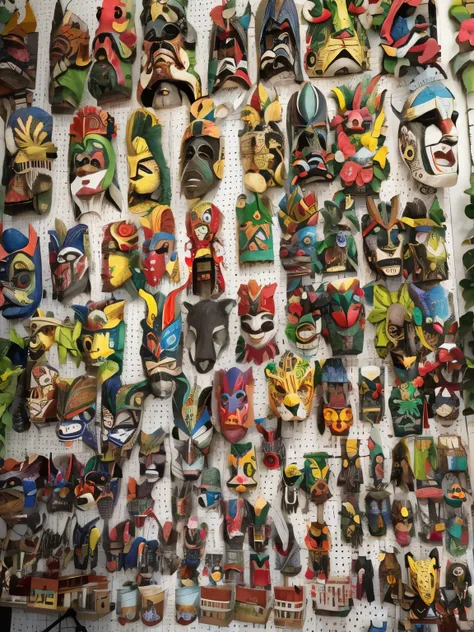 a grove of colorful ceramic mascarillas on a wall in a store, tribal mascarillas, mascarillas, mascarillas on wires, vistoso, detailed mascarilla, crafts and souvenirs, caras multicolores, very vistoso, intricate mascarilla, wooden heads with bird faces, t...