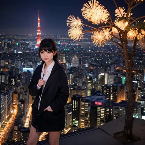 A Japanese realstic girl standing in the Street of tokyo, with tokyo tower Night view city lights