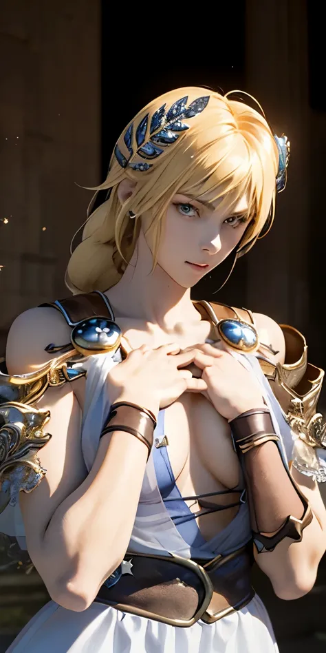 (masterpiece, best quality:1.3), Sophitia Alexandra, Soul Calibur, (upper body:1.5), anime, intricate detail, japanese style, 28 years old, look at viewer, gold hair, braid hair, (evil look:1.5), (covering chest by hands:1.5), (ruins blessed by the god Hep...