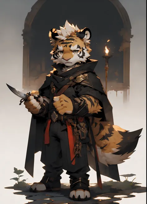 Little Tiger，assassin，Black cape，Cold silence，young，Black mist filled，Plush body，Fluffy tail，holding dagger in hand，vigilante