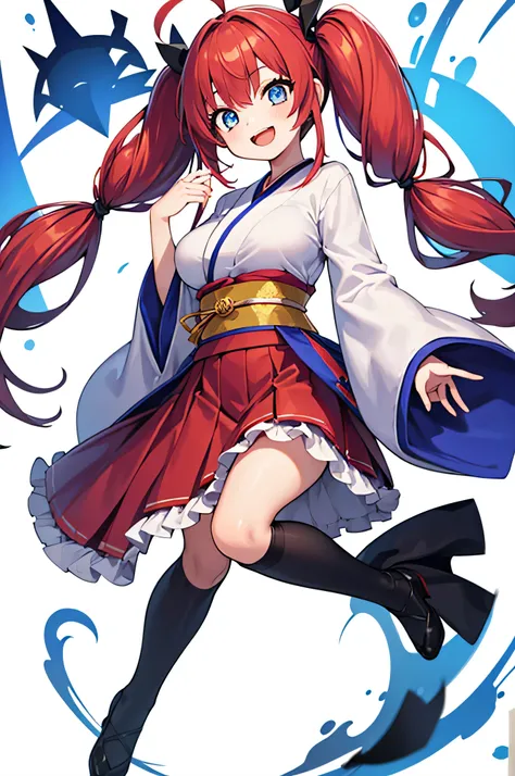 full body,fullbody,1girl,red hair,long hair,red and blue odd eyes,smile,simple background,drill twin tail,ahoge,white background,large breasts,long skirt,black frill,Japanese style dress,wide sleeves,open mouth