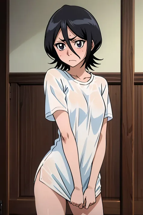 ((best quality)), ((highly detailed)), , (1girl),Rukia, black hair, short hair, hair between eyes, purple eyes, small breasts, frown,sexylooking at viewer,embarrassed,blushing,panicking,nsfw,masterpiece,best quality,highly detailed,black hair,solo,1girl,sh...