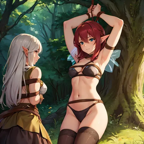  Make a picture where a fairy is getting tied up by a female thief in the woods,  bound