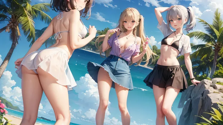 ((highest quality)), ((masterpiece)), young, (cute), (3 girls:1.8), three girls are posing for a camera outdoors in the water, (Flipping one&#39;s shirt), (very small bikini top),The wind blows up my skirt,(stand in line), (Close-up shot from the knee:1.5)...