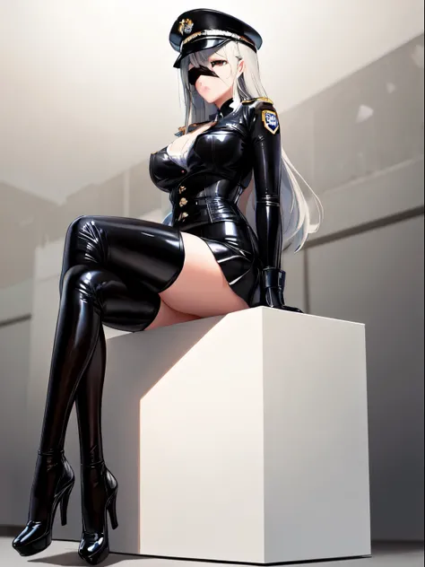 ((Best quality)), ((masterpiece)), (detailed), perfect face, (latex corset with white fabric on the chest), (latex clothes), ((latex stockings)), (long white hair), ((A cup of coffee in hand), ((black long latex gloves)), (full height), (sitting sexy posit...