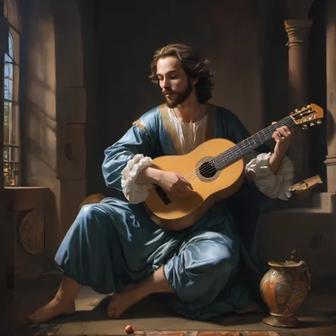 (masterpiece), ((best quality)), extremely delicate and beautiful, illustration, painting of a man playing a guitar in the dark, is playing a lute, inspired by Girolamo Muziano, a human bard, the guitar player, fanart, official fanart, light study, inspire...