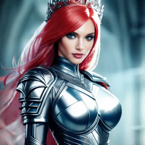 a close up of a woman in a silver suit with a tiable, redhead queen in heavy red armor, girl in knight armor, beautiful female knight, portrait of a cyborg queen, of a beautiful female knight, alluring elf princess knight, barbie cyborg, portrait of an elf...