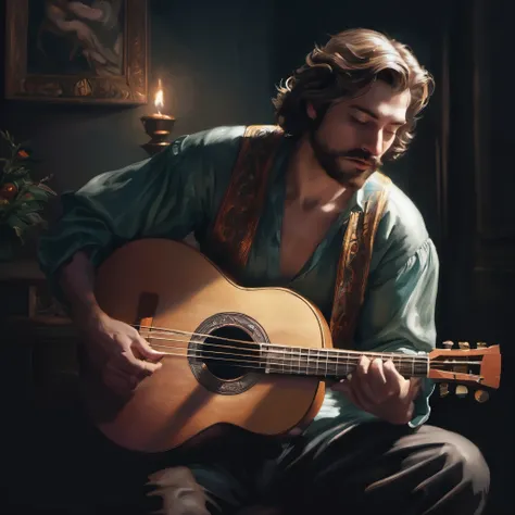 (masterpiece), ((best quality)), extremely delicate and beautiful, illustration, painting of a man playing a guitar in the dark, is playing a lute, inspired by Girolamo Muziano, a human bard, the guitar player, fanart, official fanart, light study, inspire...