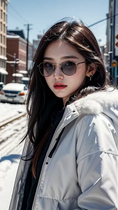 sam yang,, 1girl, animal, animal on shoulder, bird, black-framed eyewear, black eyes, black hair, blue sky, cityscape, clear sky, coat, day, earrings, eyewear hang, eyewear removed, fur coat, jacket, jewelry, long hair, looking to the side, outdoors, power...