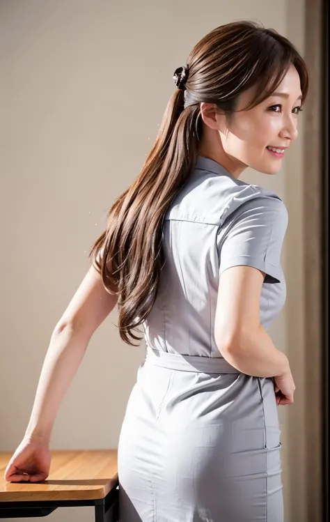 Best quality, 8k, 32k, Masterpiece, UHD:1.2), from behind, 1 walking girl, beautiy Japanese office lady, (smile:0.5), (looking at the the viewer), 30 years old, bit chubby, white shirt, black skirt, office room, desk, (small breasts, buttocks:1.2), detaile...