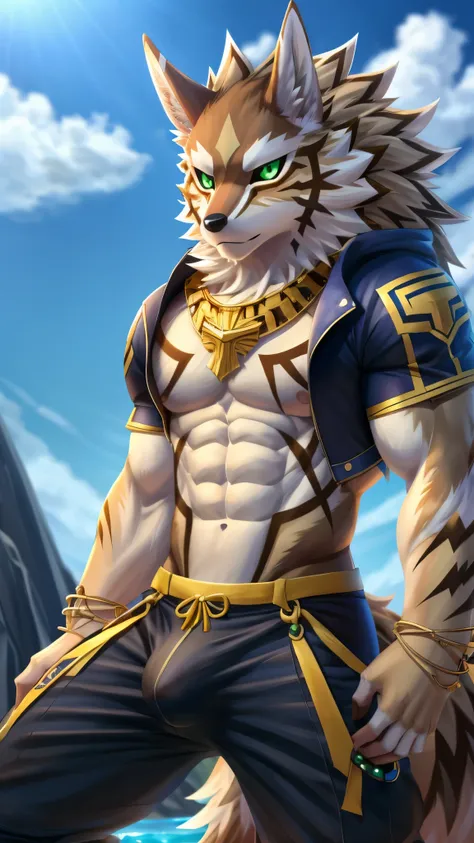 selh (Las), Lokyo afterschool summoners, absurd res, hi res, abs, anthro, bulge, canid, canine, canis, clothed, clothing, fur, green eyes, jackal, male, mammal, muscular, muscular male, pecs, piercing, solo, ty arashi, video games,