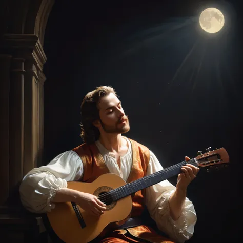 (masterpiece), ((best quality)), extremely delicate and beautiful, illustration, painting of a man playing a guitar in the dark, is playing a lute, inspired by Girolamo Muziano, a human bard, the guitar player, fanart, official fanart, light study, inspire...