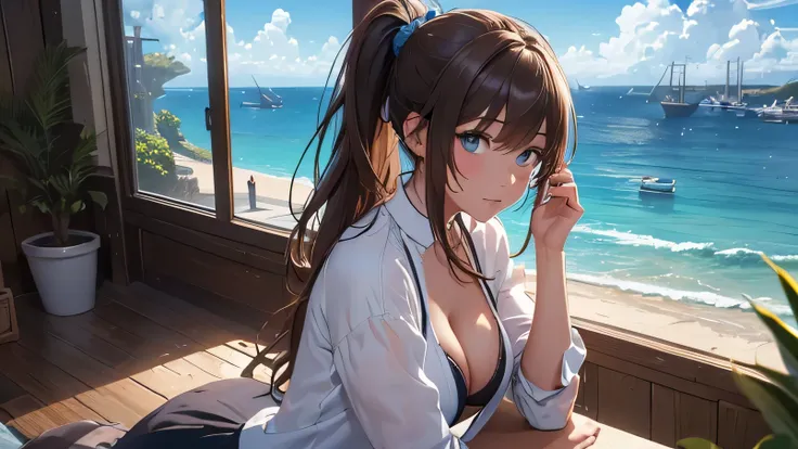 (8k, RAW foto, mejor calidad, (Obra maestra, super high quality, super detailed), anime style paisaje, chica joven, Absoluto, velas escarlatas, girl looking at the sea from the coast, camera looking at the sea, detalles intrincados, sailing ship with velas...