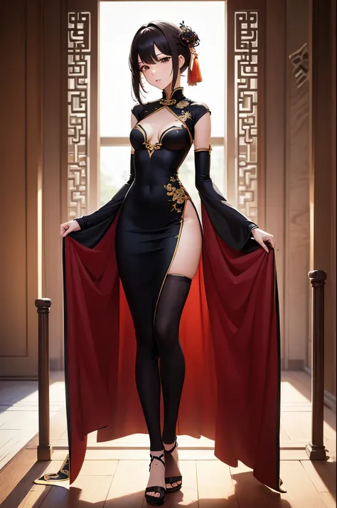 a sexy woman, (best quality), (masterpiece), (1girl), slim, anime, tall, (flat chested), (chinese dress), (full body view)
