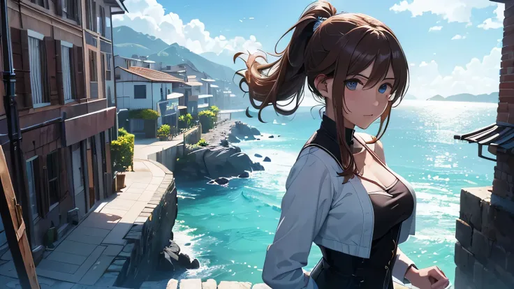 (8k, RAW foto, mejor calidad, (Obra maestra, super high quality, super detailed), anime style paisaje, chica joven, Absoluto, velas escarlatas, girl looking at the sea from the coast, camera looking at the sea, detalles intrincados, sailing ship with velas...