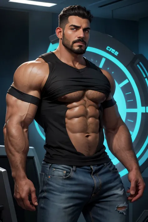 Obra maestra, mejor calidad, ultra detallado, 1 hombre, macho maduro, muscular, pedazo, bara, deportista, carne de res, negro skin, negro, piel bronceada, latino, 36 years old, negro hair, gray fur, barbas de chivo, cabello demasiado cortado, mirando al es...