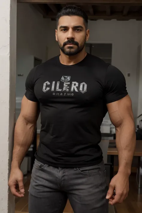 Obra maestra, mejor calidad, ultra detallado, 1 hombre, macho maduro, muscular, pedazo, bara, deportista, carne de res, negro skin, negro, piel bronceada, latino, 36 years old, negro hair, gray fur, barbas de chivo, cabello demasiado cortado, mirando al es...