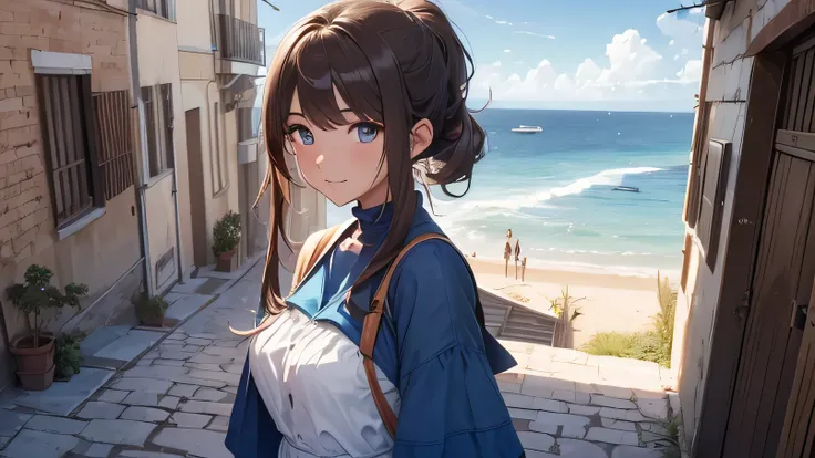 (8k, RAW foto, mejor calidad, (Obra maestra, super high quality, super detailed), anime style paisaje, chica joven, Absoluto, velas escarlatas, girl looking at the sea from the coast, camera looking at the sea, detalles intrincados, sailing ship with velas...