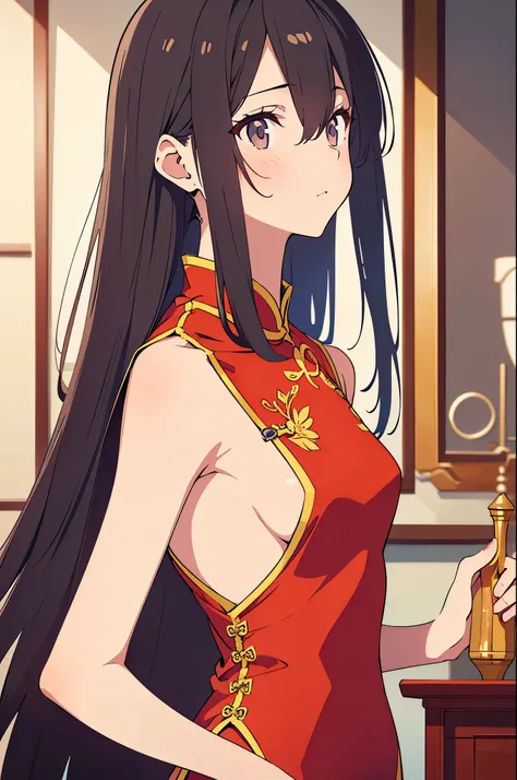 a sexy woman, (best quality), (masterpiece), (1girl), slim, anime, tall, (flat chested), (chinese dress), (protrait)
