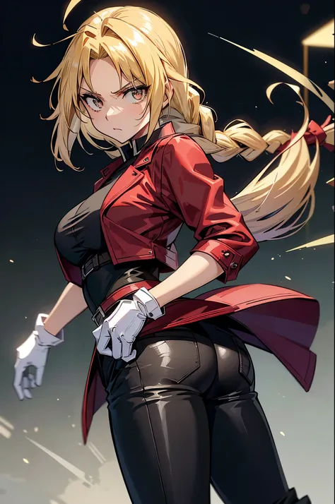 (masterpiece, best quality:1.2), expressive eyes, perfect face, highres, 1girl, solo, (female:1.5), EdwardElricQuiron, a single metallic mechanical arm, white gloves, red jacket, black shirt, long hair, single braid, black pants, standing, upper body, look...