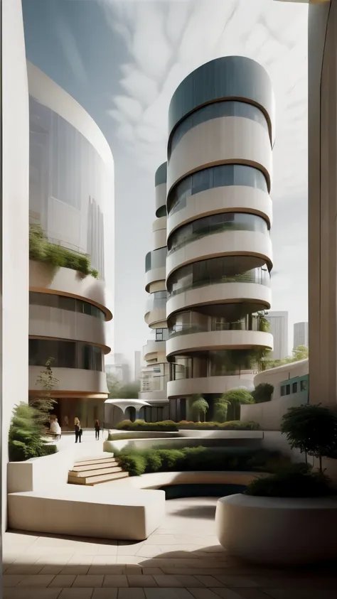 a high-rise building in a futuristic city designed by zaha hadid, futuristic building, modern building, sidewalks around the bui...