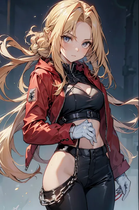 (masterpiece, best quality:1.2), expressive eyes, perfect face, highres, 1girl, solo, (female:1.5), EdwardElricQuiron, a single metallic mechanical arm, white gloves, red jacket, black shirt, long hair, single braid, black pants, standing, upper body, look...