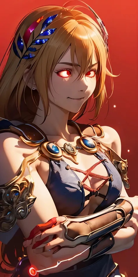 (masterpiece, best quality:1.3), Sophitia Alexandra, Soul Calibur, (upper body:1.5), anime, intricate detail, japanese style, 28 years old, look at viewer, gold hair, braid hair, (evil smile:1.5), (empty eyes, simple eyes, glowing red:2.0), (covering chest...