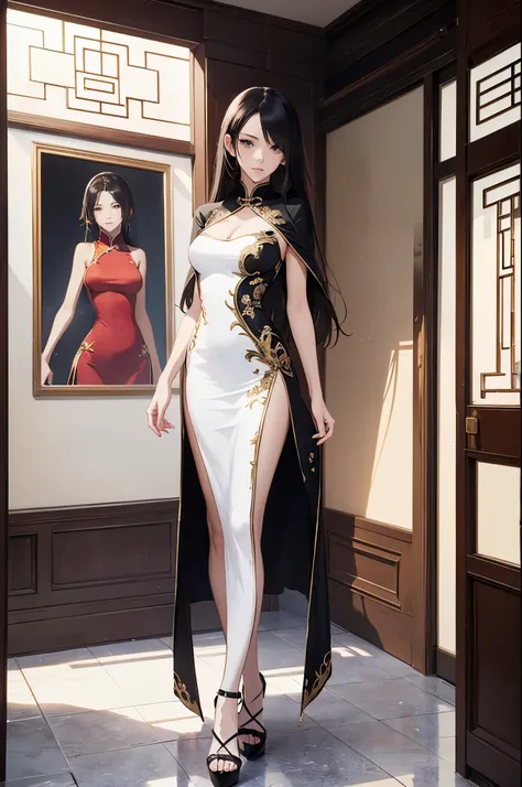 a sexy woman, (best quality), (masterpiece), (1girl), slim, anime, tall, (flat chested), (chinese dress), (protrait), (full body view)
